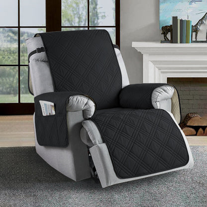 Universal waterproof recliner slipcover, water-repellent, stain-resistant in navy blue, elastic hems for easy fit.