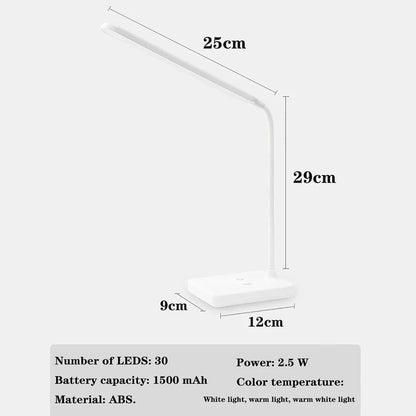"USB rechargeable flexible arm desk lamp with adjustable neck, dimmable brightness, and three light color options."