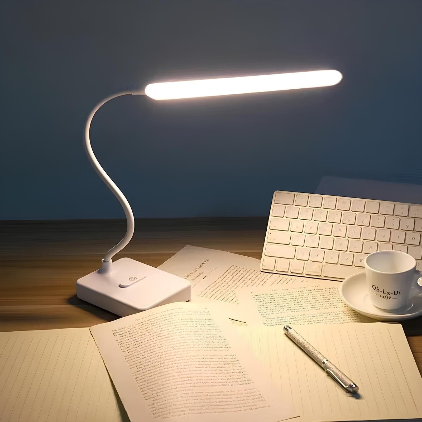 "USB rechargeable flexible arm desk lamp with adjustable neck, dimmable brightness, and three light color options."