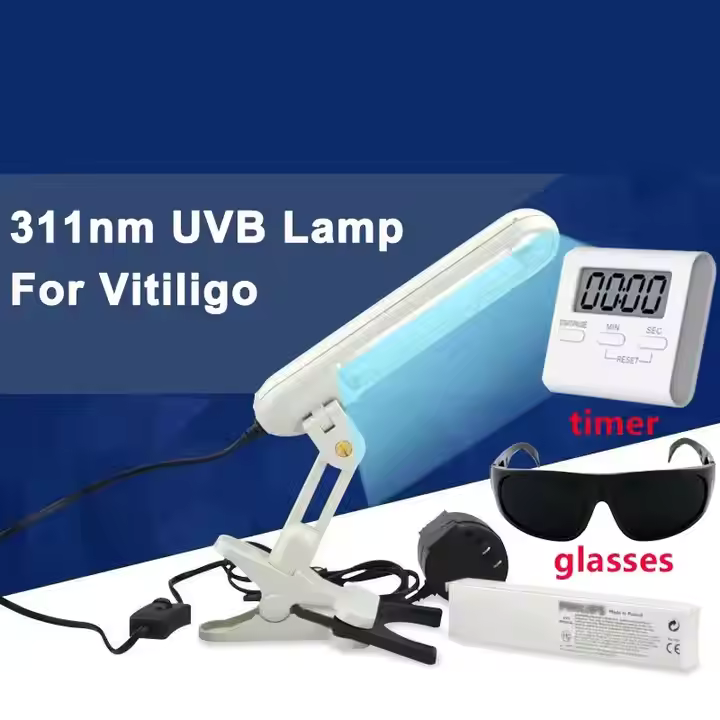 "UVB Light Therapy Lamp for psoriasis, eczema, vitiligo; sleek design with adjustable stand, emits targeted 311nm light wavel