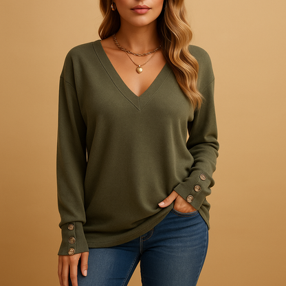 V-neck button blouse for women in black, white, red, green, or navy blue, with relaxed fit and elegant everyday style.