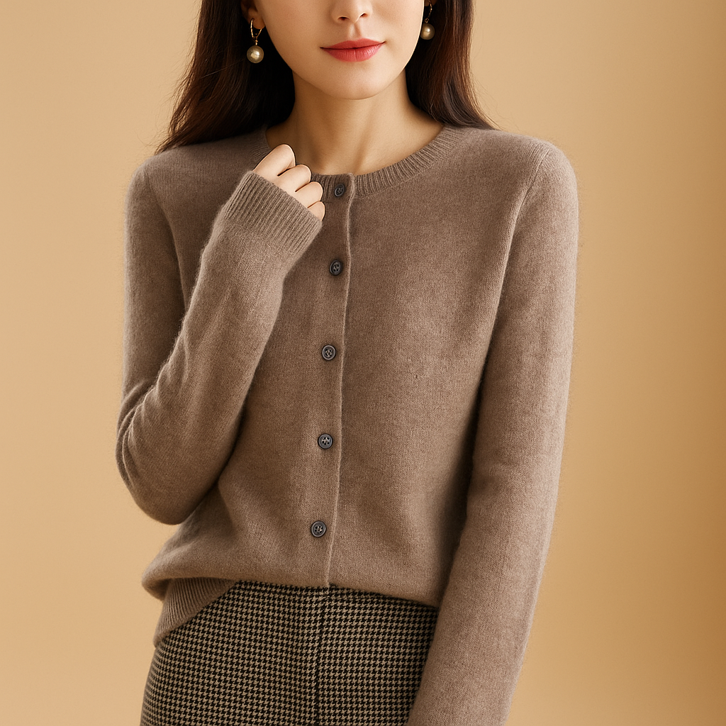 Women’s V-neck cardigan with button closure, long sleeves, and sleek silhouette—perfect for warm and stylish winter layering.