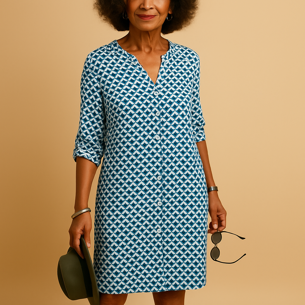 V-neck casual dress for women in soft fabric with half sleeves and relaxed fit, ideal for everyday wear, brunch, or spring outings.