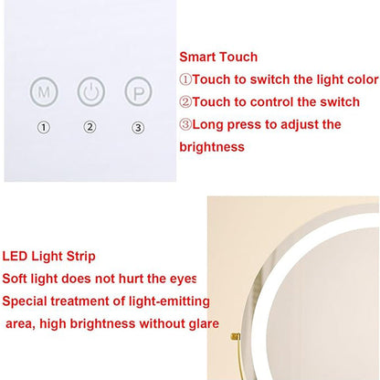 "Vanity makeup mirror with LED lights, touch-control, sleek metal frame, featuring 360° rotation for precise beauty applicati