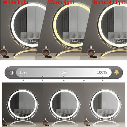 "Vanity makeup mirror with LED lights, touch-control, sleek metal frame, featuring 360° rotation for precise beauty applicati