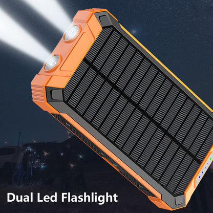 Versatile 20000mAh solar power bank with flashlight, durable water-resistant design, ideal for outdoor charging on-the-go.