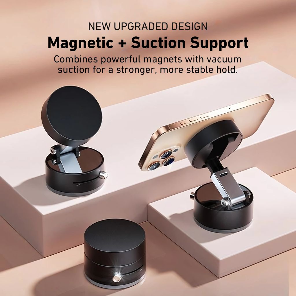 "Versatile magnetic phone mount with 360° rotation on desk, sleek design, modern and flexible for convenient phone positionin