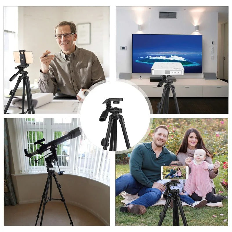"Versatile phone tripod with Bluetooth remote, lightweight sturdy design, adjustable 18-55 inches, 360° rotation, phone holde