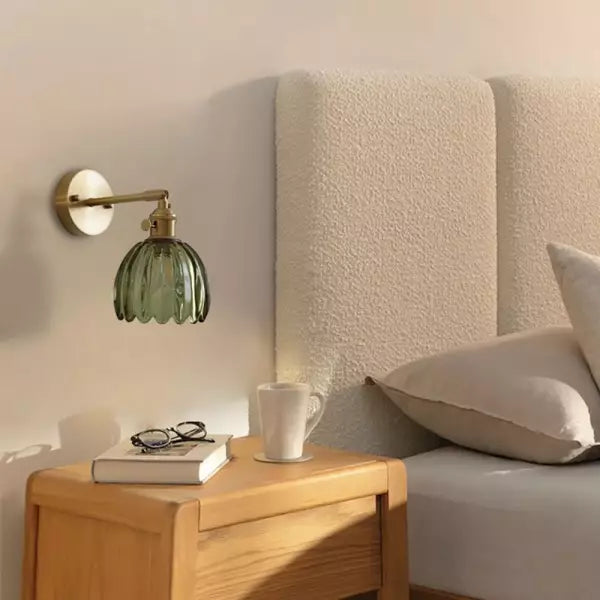 "Vintage floral tulip glass wall lamp, tulip-shaped shade, multi-color options, elegant retro design, adds warm soft light."