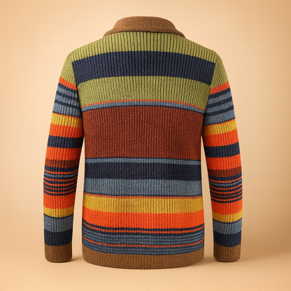 Vintage knitted cardigan for men with classic buttons in multicolour and neutral shades, perfect for autumn, winter, casual, and formal wear.