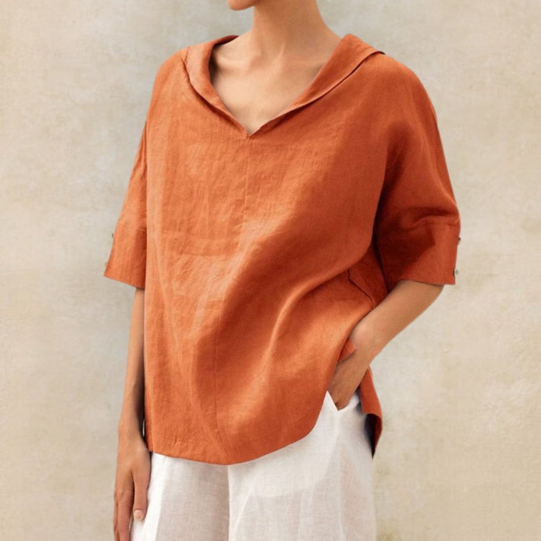 Casual Loose Fit V-Neck Linen Shirt - Luxivelle