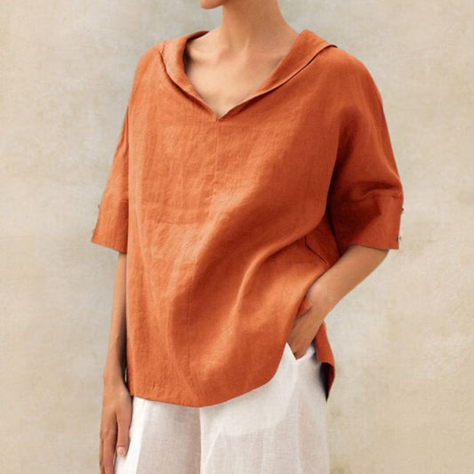 Casual Loose Fit V-Neck Linen Shirt - Luxivelle