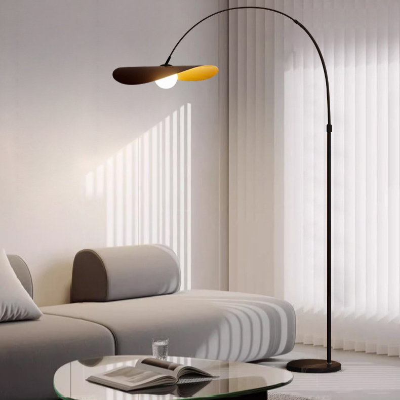 "Wabi Sabi Floor Lamp, iron and acrylic design, handcrafted, emits ambient light, adjustable height for home decoration."