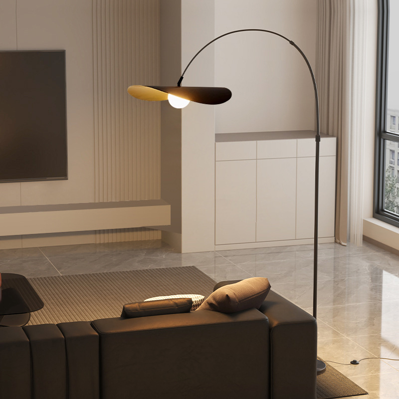 "Wabi Sabi Floor Lamp, iron and acrylic design, handcrafted, emits ambient light, adjustable height for home decoration."