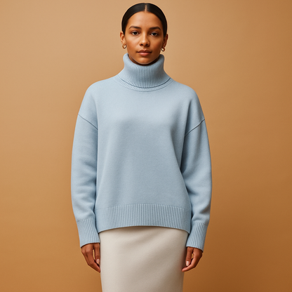 Women’s oversized turtleneck sweater in soft viscose with a relaxed fit, perfect for stylish comfort in spring, autumn, or winter.