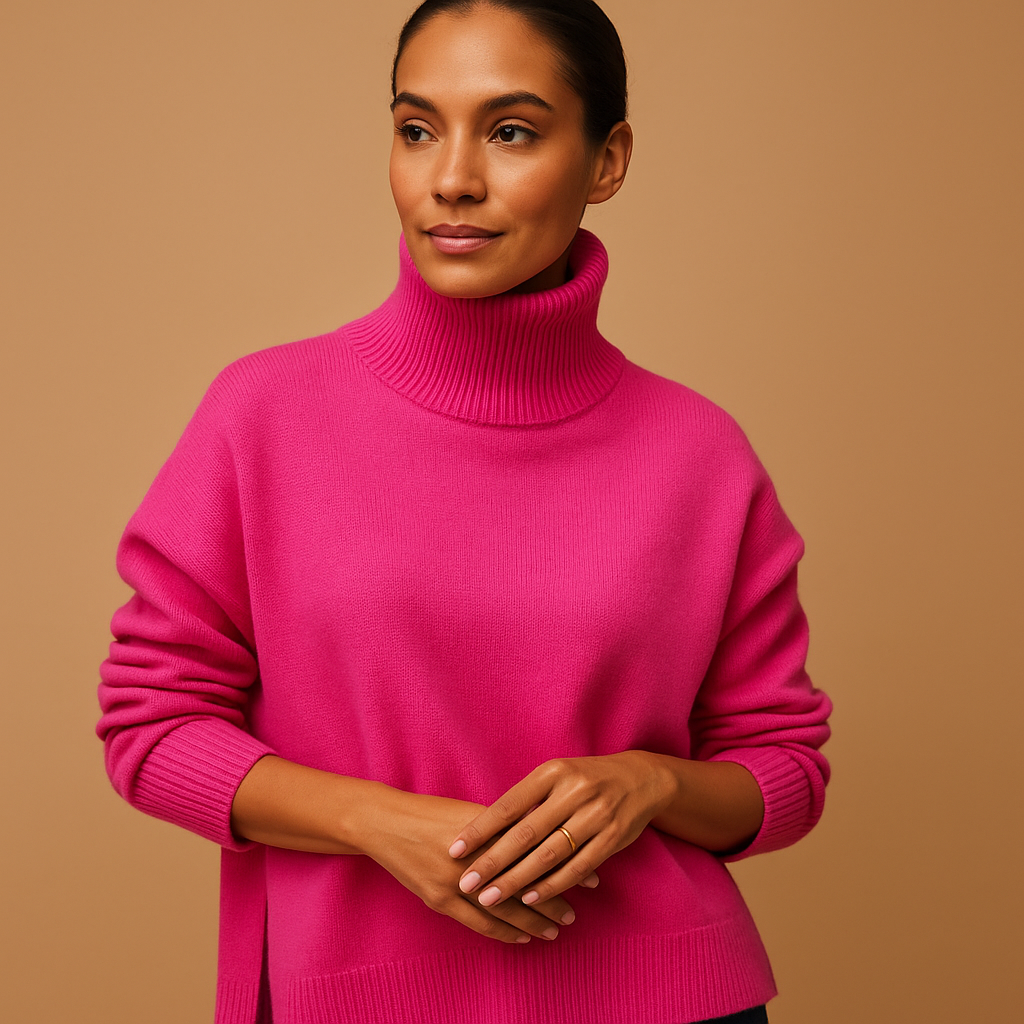 Women’s oversized turtleneck sweater in soft viscose with a relaxed fit, perfect for stylish comfort in spring, autumn, or winter.