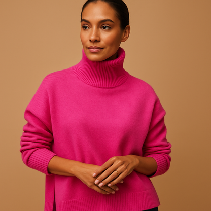 Women’s oversized turtleneck sweater in soft viscose with a relaxed fit, perfect for stylish comfort in spring, autumn, or winter.