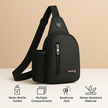 Men's waterbottle carrier chest bag with secure compartments, ergonomic strap, and water-resistant material for daily and outdoor use.