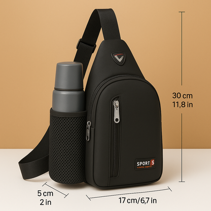 Men's waterbottle carrier chest bag with secure compartments, ergonomic strap, and water-resistant material for daily and outdoor use.