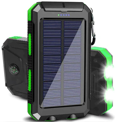 Waterproof 500000mAh solar power bank with dual USB ports, rugged design, ideal for outdoor use and charging devices on the g