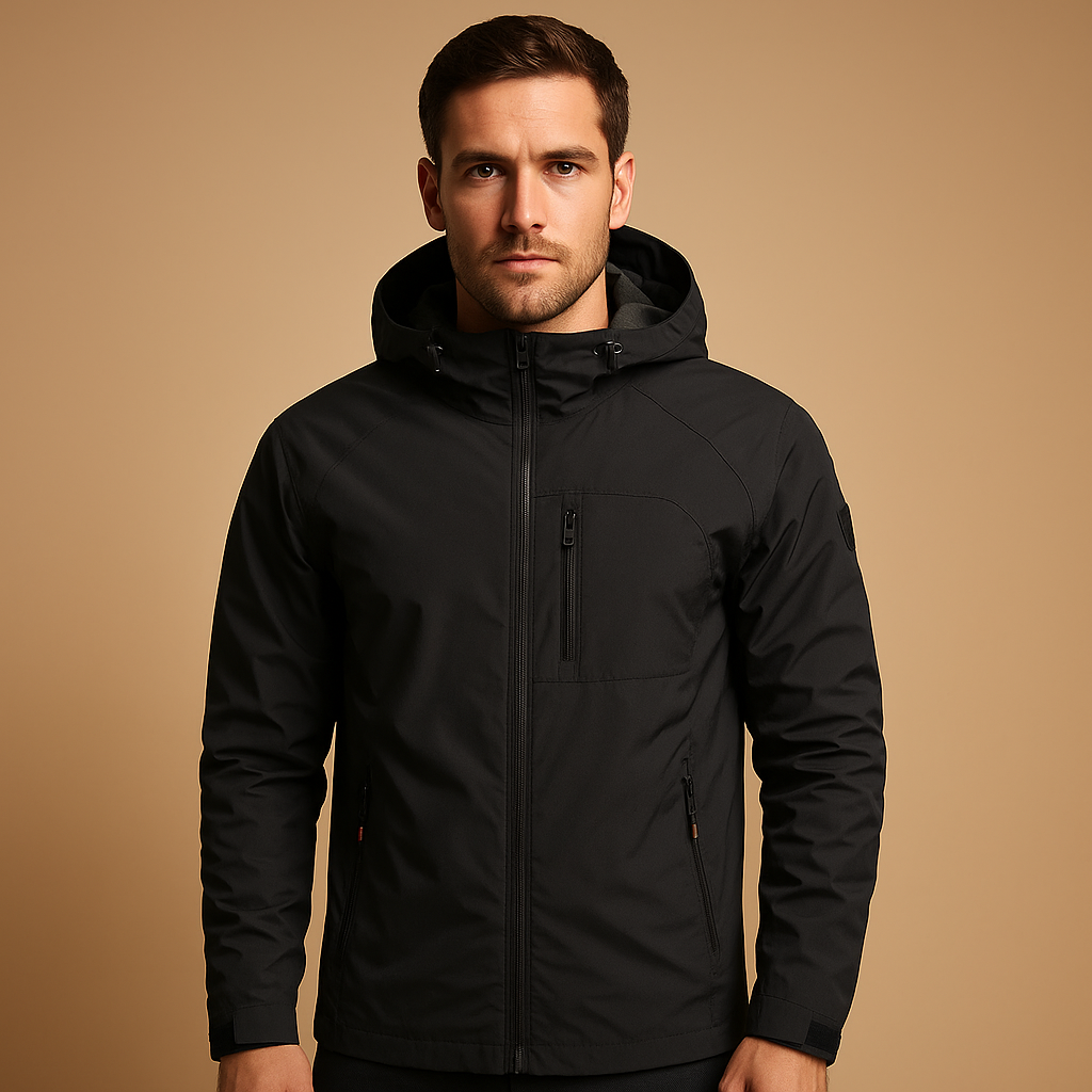 Men’s waterproof and breathable windbreaker with zip pockets, ideal for outdoor adventures, sports, and daily wear.