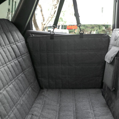 "Waterproof dog car seat cover with mesh window, black, universal fit, breathable and durable for comfortable pet travel."