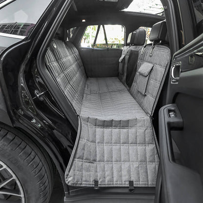 "Waterproof dog car seat cover with mesh window, black, universal fit, breathable and durable for comfortable pet travel."