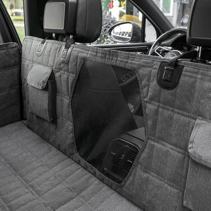 "Waterproof dog car seat cover with mesh window, black, universal fit, breathable and durable for comfortable pet travel."
