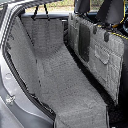"Waterproof dog car seat cover with mesh window, black, universal fit, breathable and durable for comfortable pet travel."