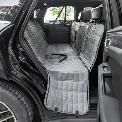"Waterproof dog car seat cover with mesh window, black, universal fit, breathable and durable for comfortable pet travel."