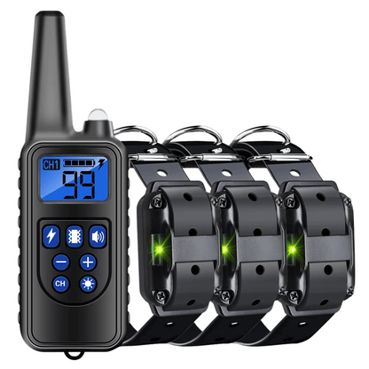 "Waterproof dog training collar with remote, adjustable fit, black color, suitable for pets, features buttons for control."