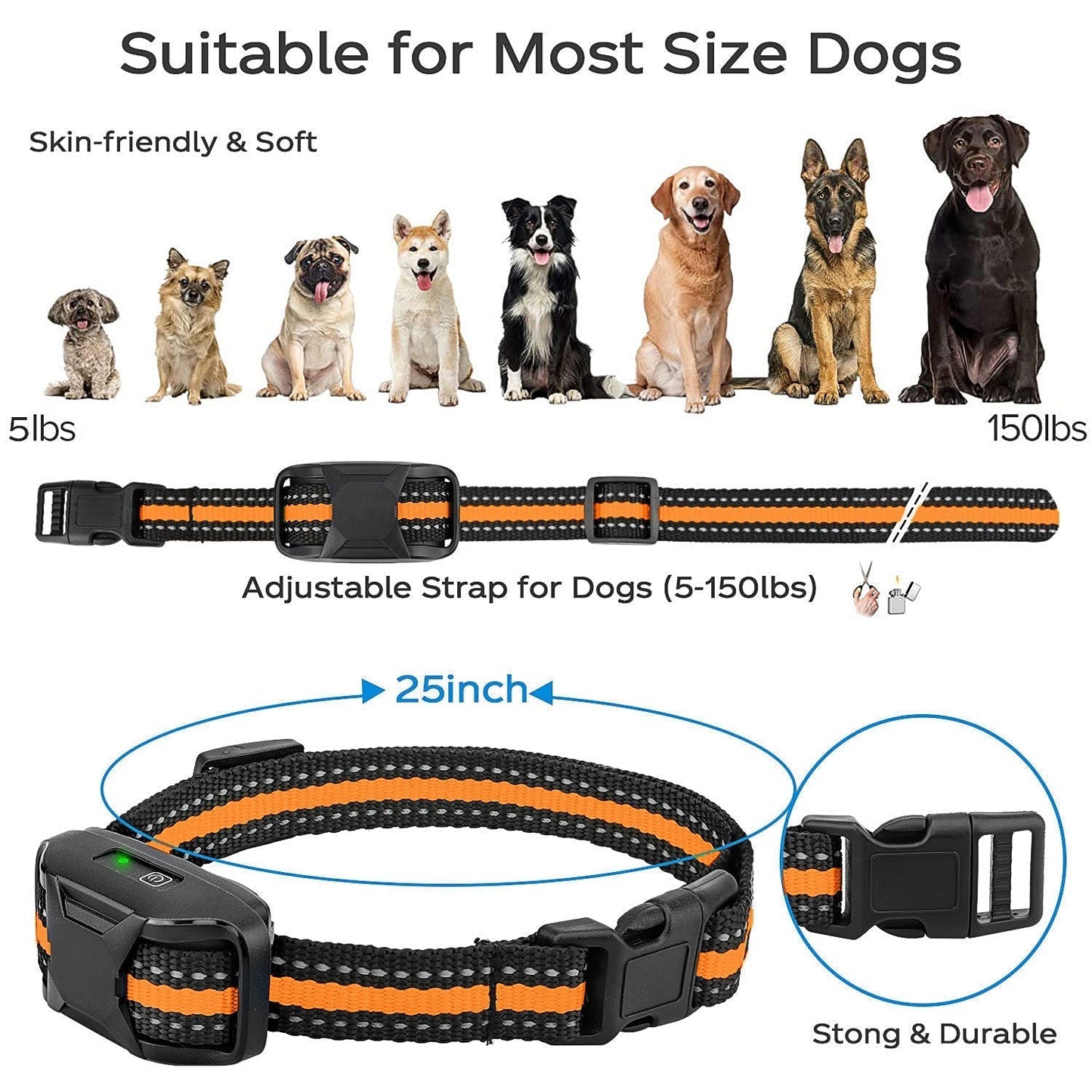 "Waterproof electronic dog training collar with 3300ft remote, featuring durable design and adjustable fit for all breeds."
