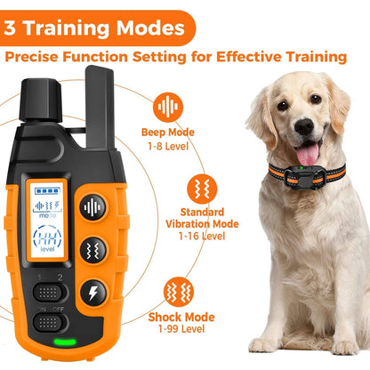 "Waterproof electronic dog training collar with 3300ft remote, featuring durable design and adjustable fit for all breeds."