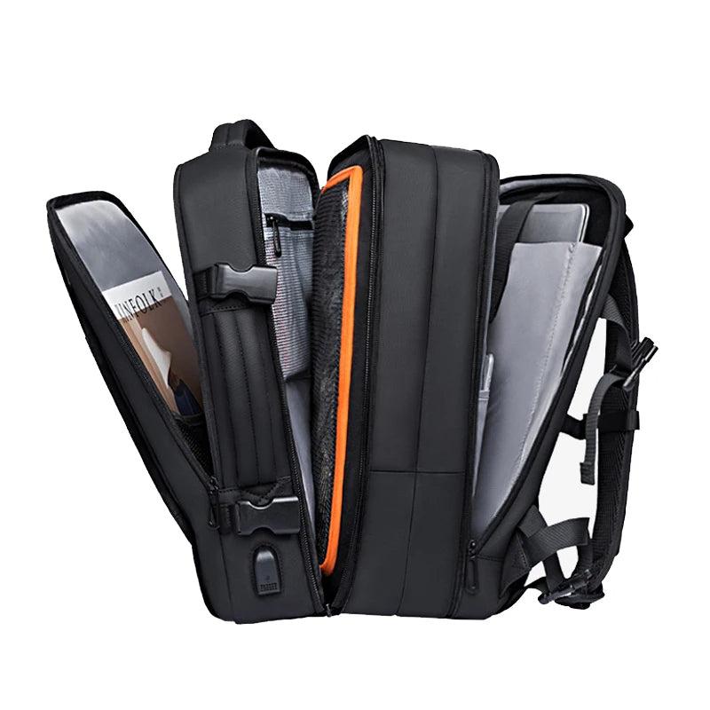 "Waterproof expandable travel backpack in black, roomy design for men and women, ideal for versatile adventures."