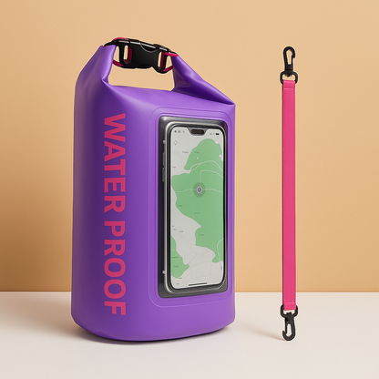 Waterproof floating phone bag for men with IP68 rating, touchscreen pouch, and roll-top design—ideal for beach days, water sports, and travel security.