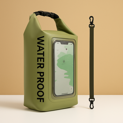 Waterproof floating phone bag for men with IP68 rating, touchscreen pouch, and roll-top design—ideal for beach days, water sports, and travel security.