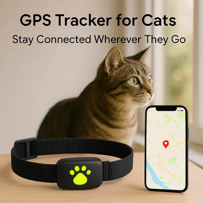 Waterproof GPS cat tracker with real-time location, white, attached to a collar, ideal for pet safety and comfort.
