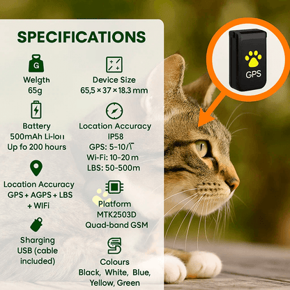 Waterproof GPS cat tracker with real-time location, white, attached to a collar, ideal for pet safety and comfort.