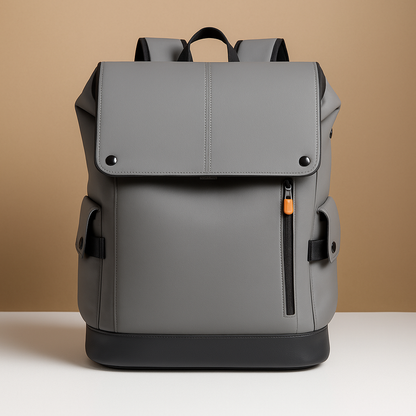 Waterproof leather laptop backpack for men with 15.6-inch laptop sleeve, headphone port, and charging pocket, perfect for work or travel.
