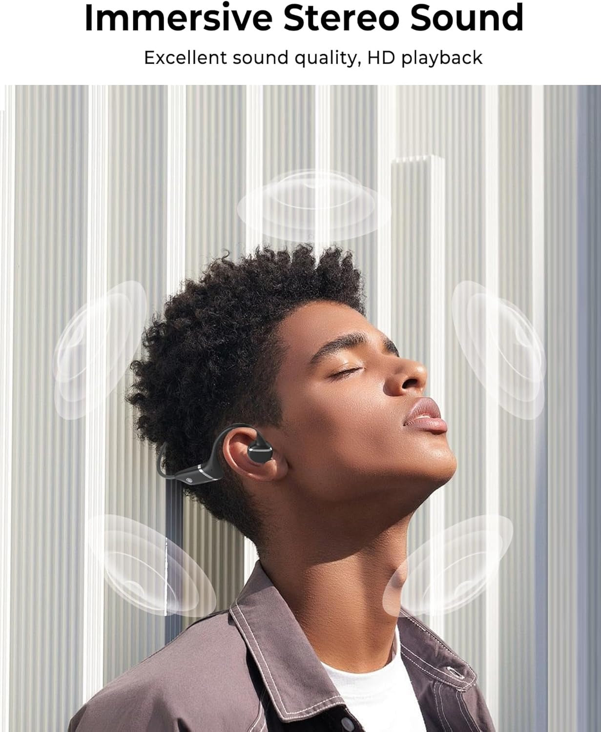 "Waterproof open-ear wireless headphones with bone conduction tech, ideal for active use, in sleek black design."