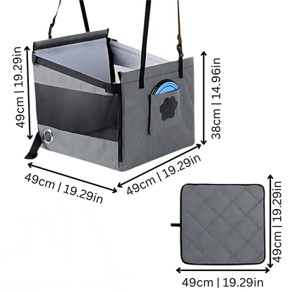 Waterproof pet car seat with cozy, compact design for comfort and security on car journeys; includes adjustable straps.