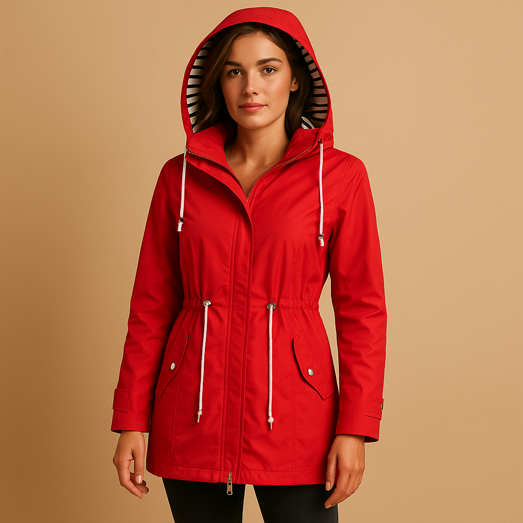 Women’s waterproof rain parka with adjustable waist, soft inner lining and windproof shell, ideal for stylish protection in wet weather