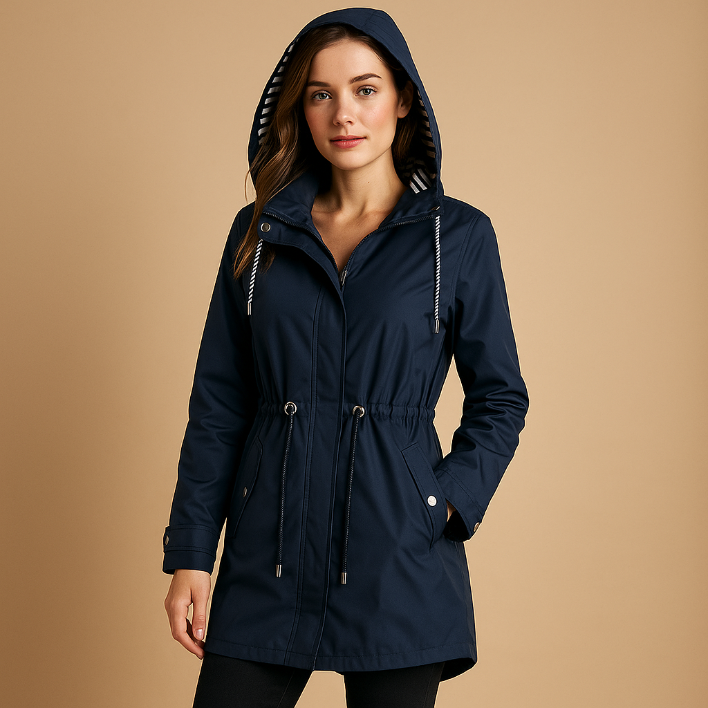 Women’s waterproof rain parka with adjustable waist, soft inner lining and windproof shell, ideal for stylish protection in wet weather
