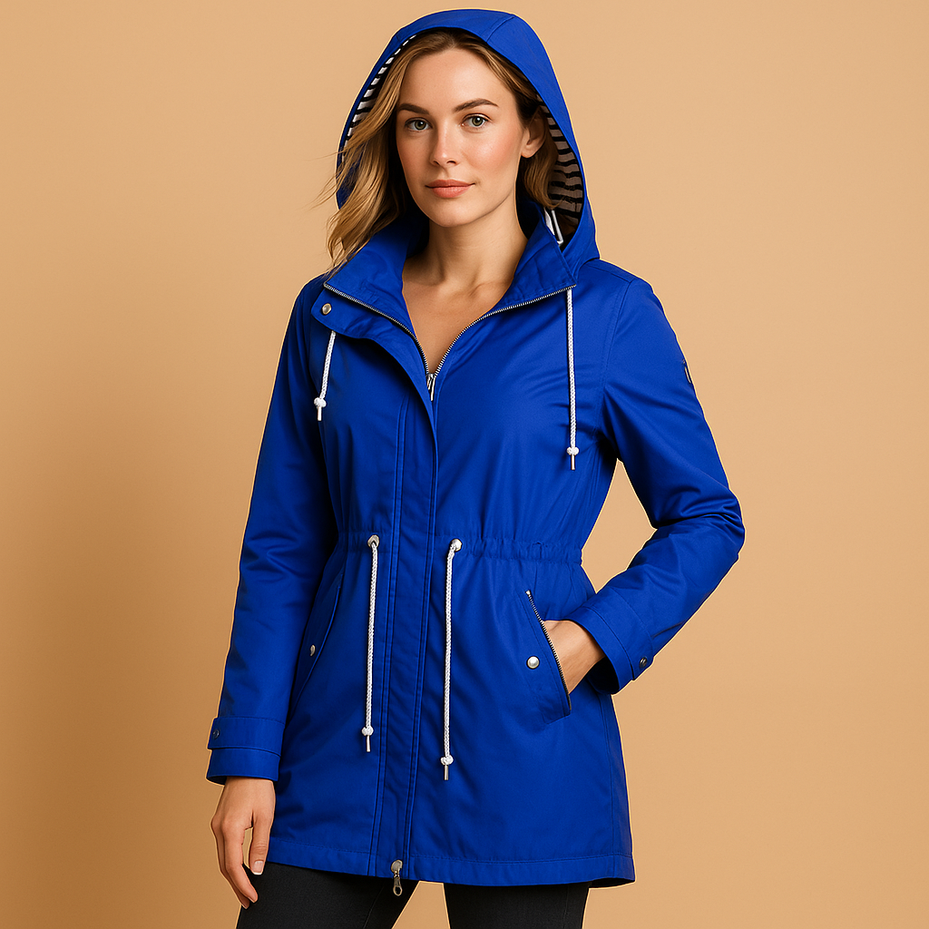 Women’s waterproof rain parka with adjustable waist, soft inner lining and windproof shell, ideal for stylish protection in wet weather