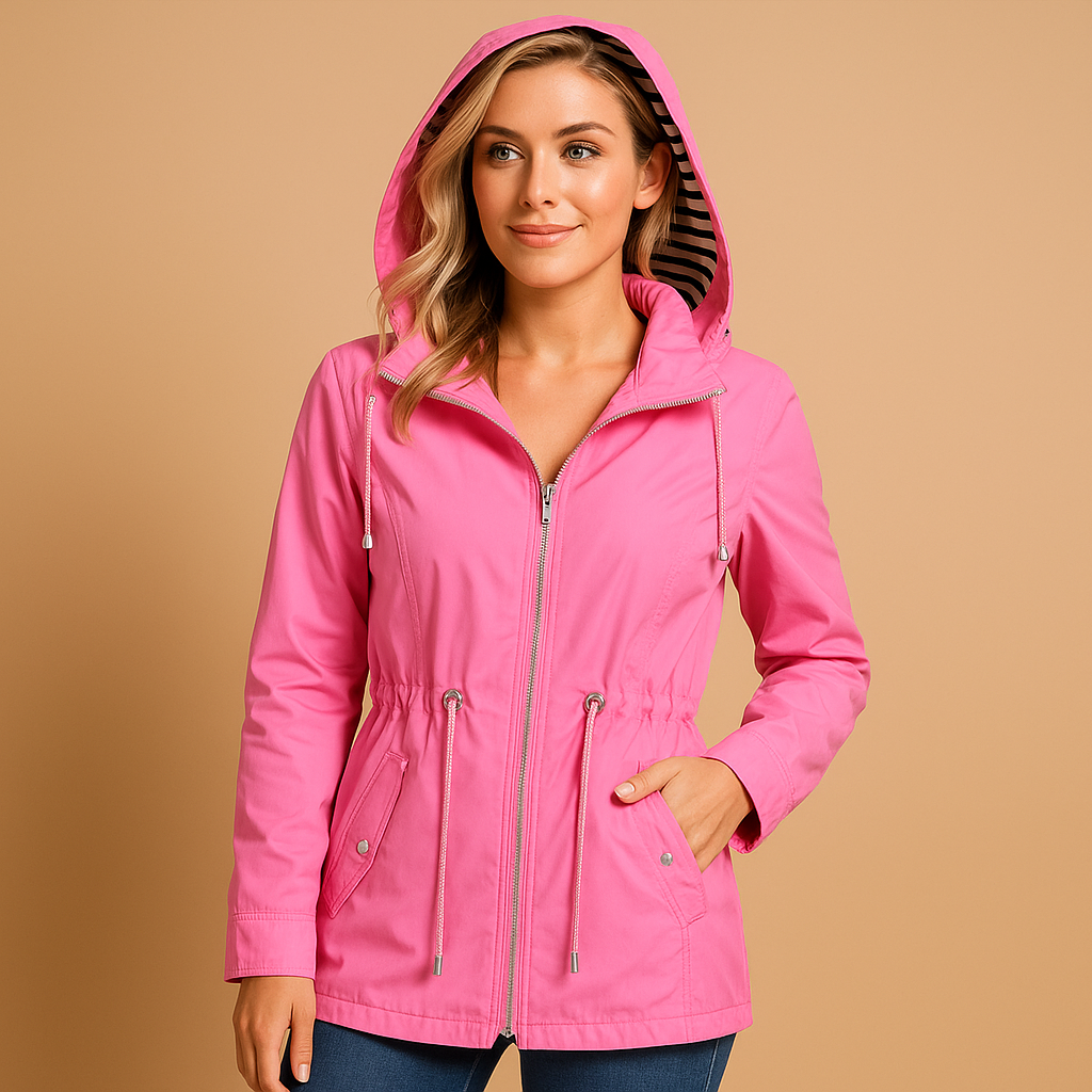 Women’s waterproof rain parka with adjustable waist, soft inner lining and windproof shell, ideal for stylish protection in wet weather