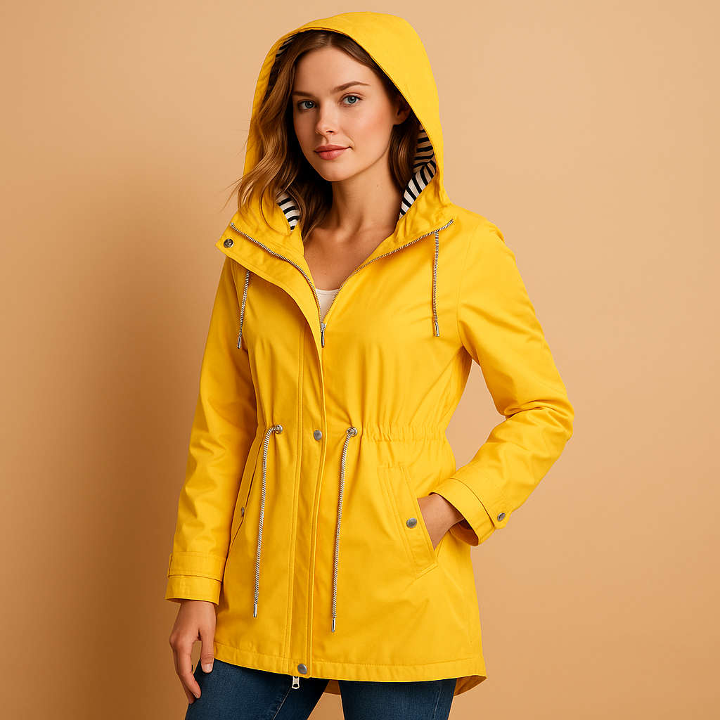 Women’s waterproof rain parka with adjustable waist, soft inner lining and windproof shell, ideal for stylish protection in wet weather