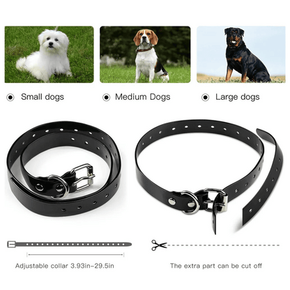 "Waterproof rechargeable remote-controlled dog training collar with adjustable fit and multiple training modes for all dogs."