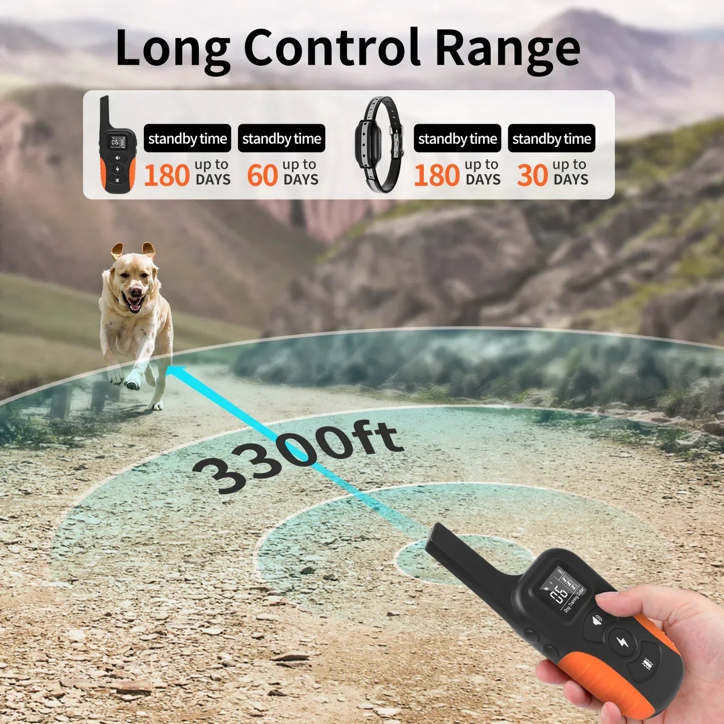 Waterproof remote dog training collar with shock and beep; black, adjustable, suitable for all breeds, ideal for outdoor use.