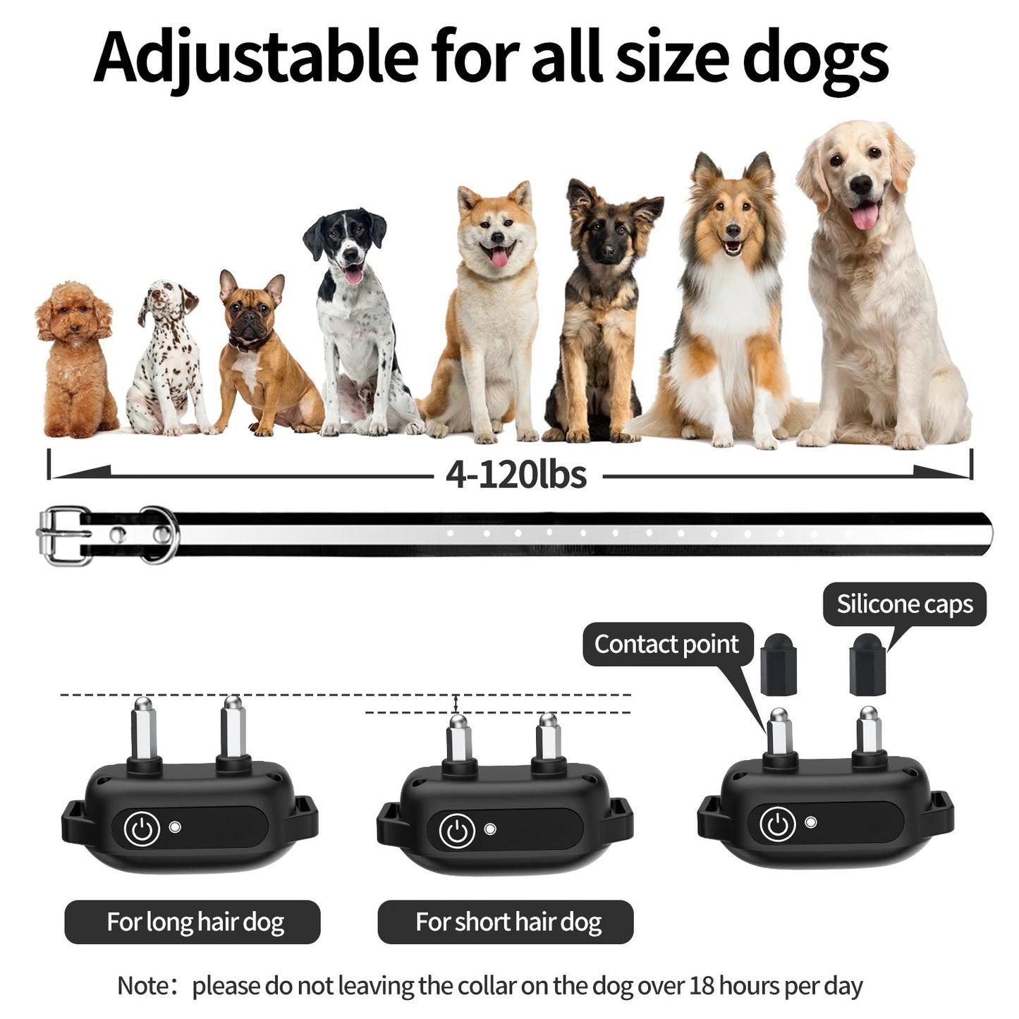 Waterproof remote dog training collar with shock and beep; black, adjustable, suitable for all breeds, ideal for outdoor use.