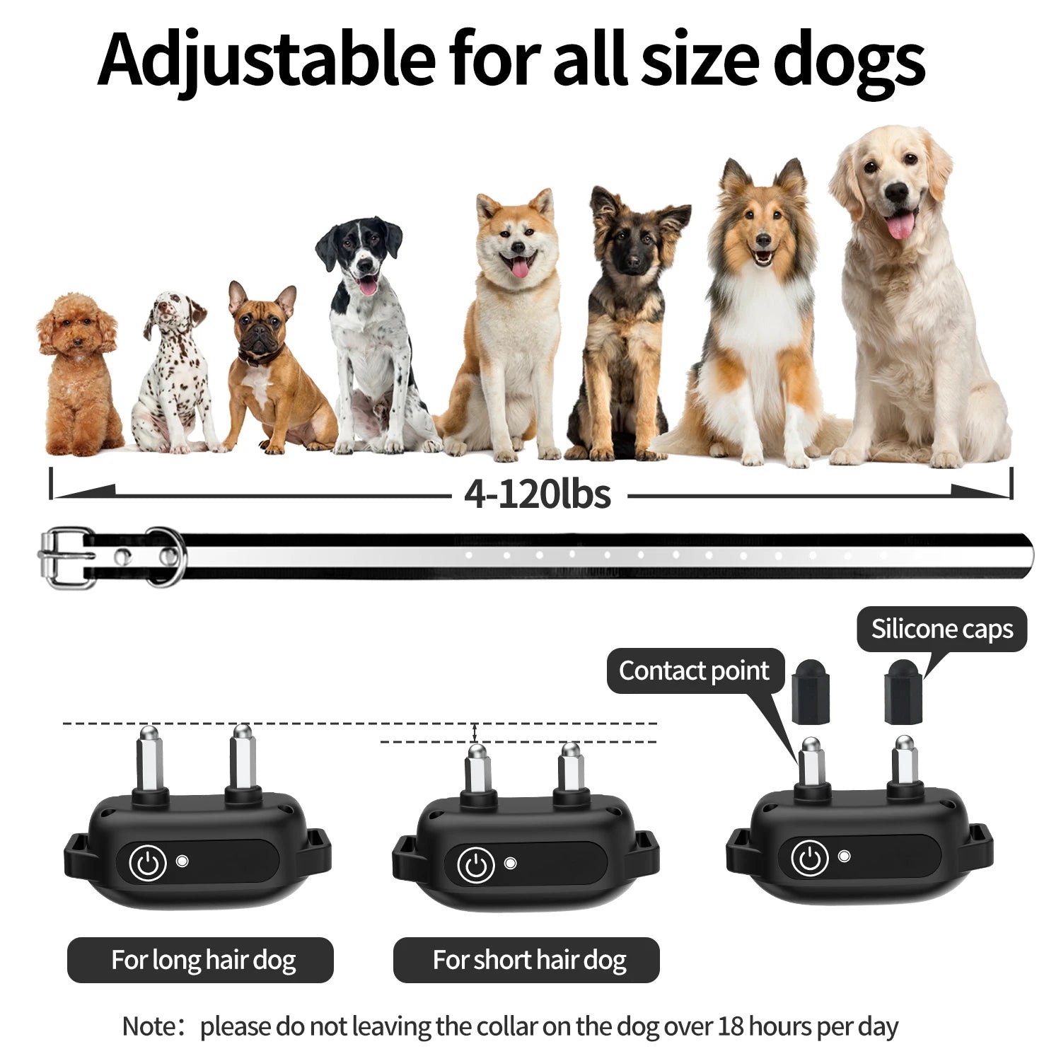 Waterproof remote dog training collar with shock and beep; black, adjustable, suitable for all breeds, ideal for outdoor use.